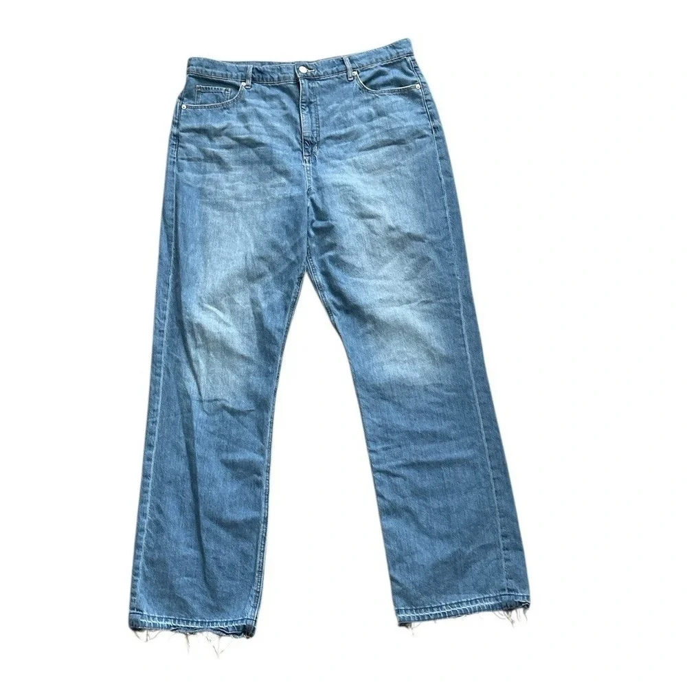 LOFT Wide Leg Jeans High Rise Frayed Hem Denim Blue 32 Stretch Everyday